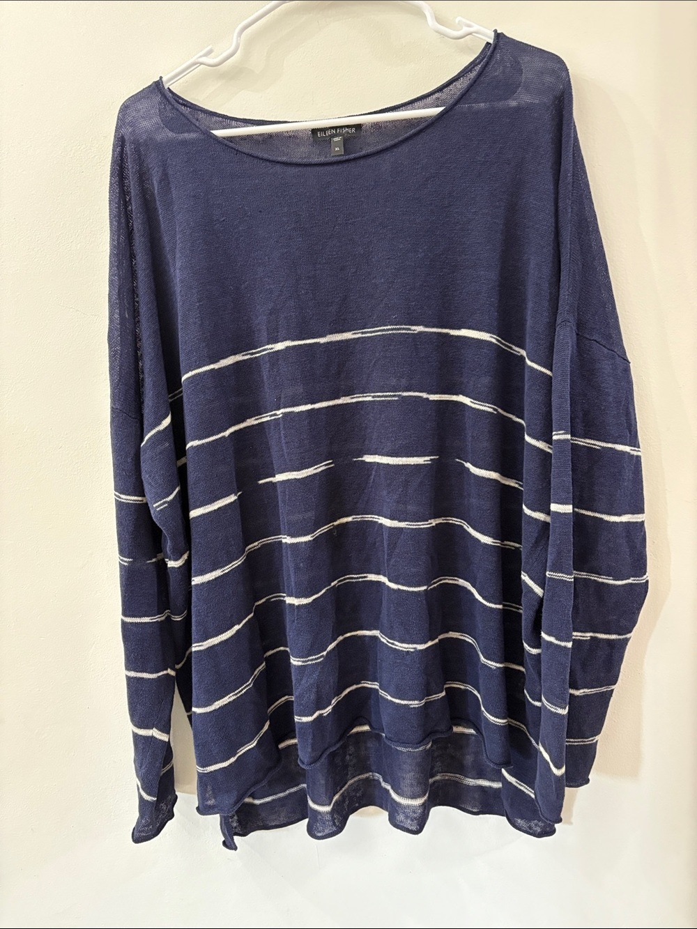 Eileen Fisher Navy Striped Lightweight Sweater - 100% organic linen - XL